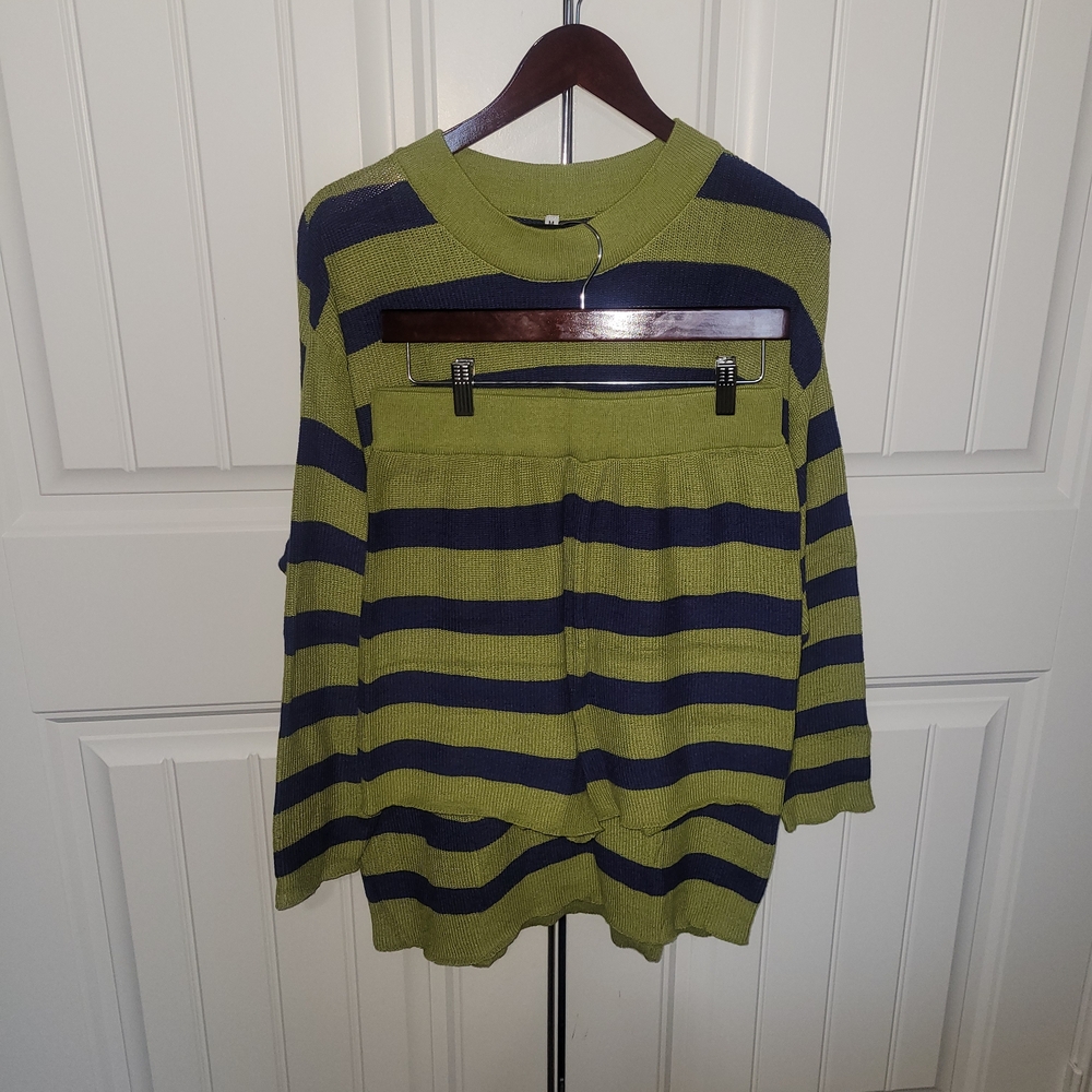 Women's Striped Green and Blue Sweater Set
